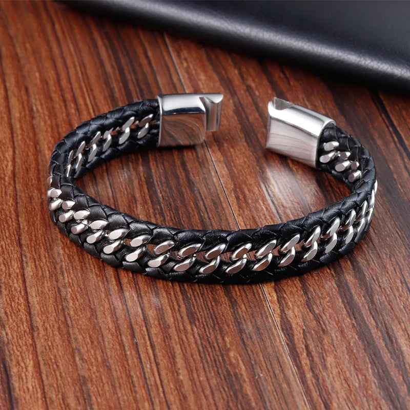 Geflochtenes Seil gewebtes schwarzes Leder Herrenarmbänder Punk-Stil Edelstahl-Armreif für Freund Charm Modeschmuck Geschenke