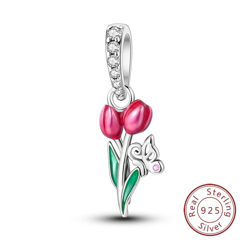 Charms-Perlen der Blumenserie, Original-Anhänger aus 925er-Sterlingsilber, Lotus-Tulpe, Rose, Nelke, passend für Armbänder, Damenschmuck, DIY-Geschenk