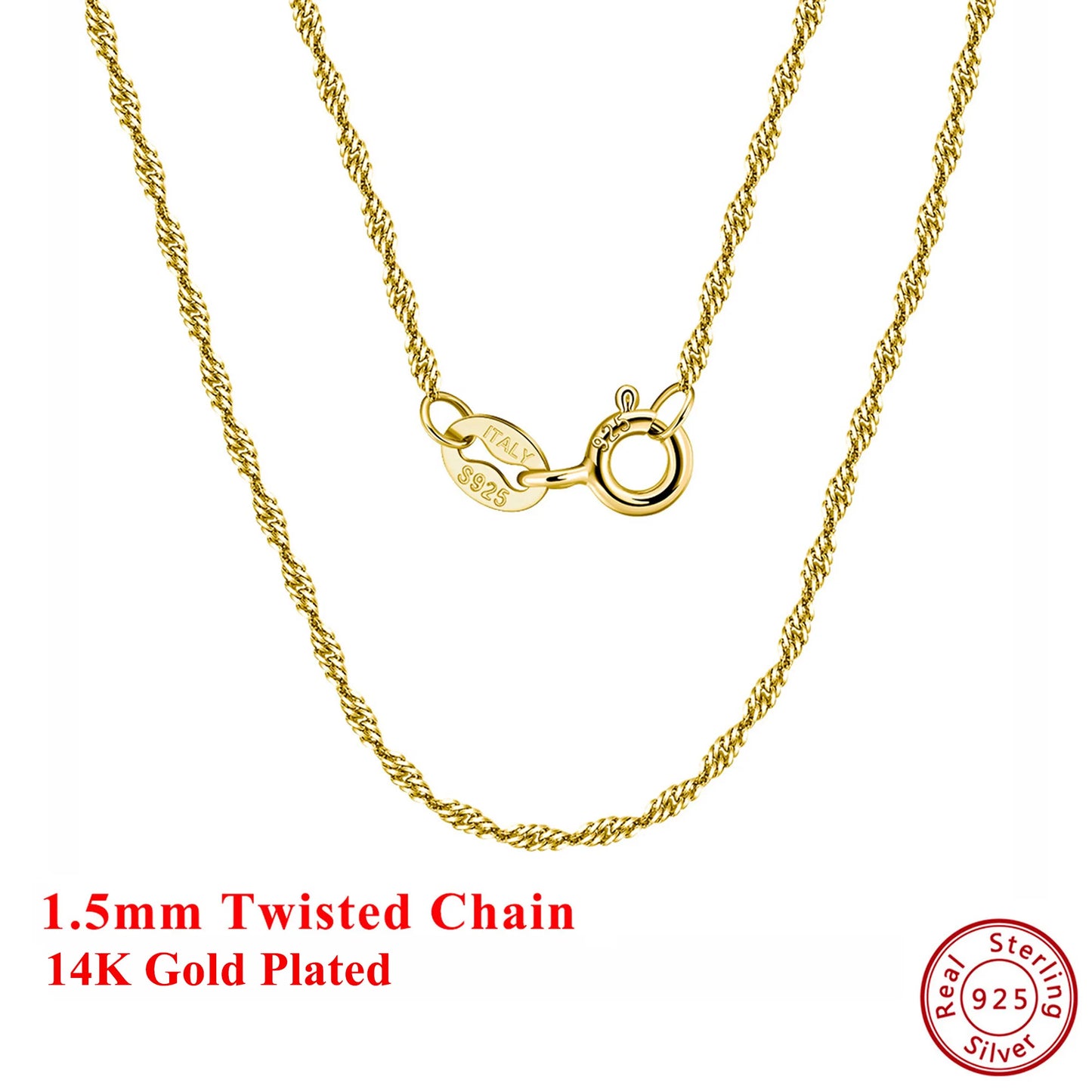 Effie Queen Charm S925 Silber 1,5 mm 14 Karat Gold Twisted Curb Rope Chain Choker Halskette Herren Damen Halskette Einfacher Schmuck SC02