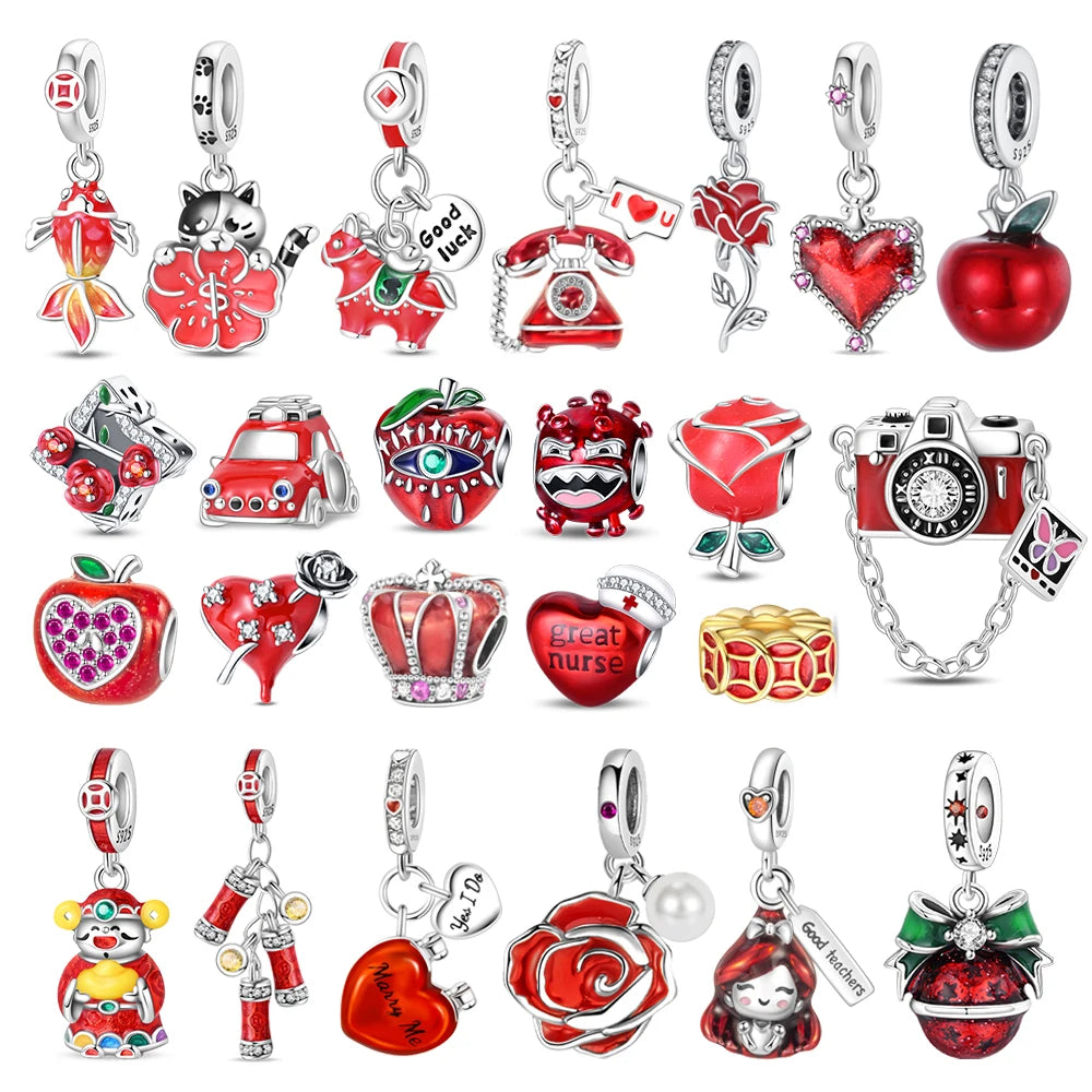 Rote Serie 925er Sterlingsilber Kamera Apfel Herzförmiger Koi Feuerwerkskörper Gott Reichtum Charm Passend für DIY Armband Halskette Partygeschenke
