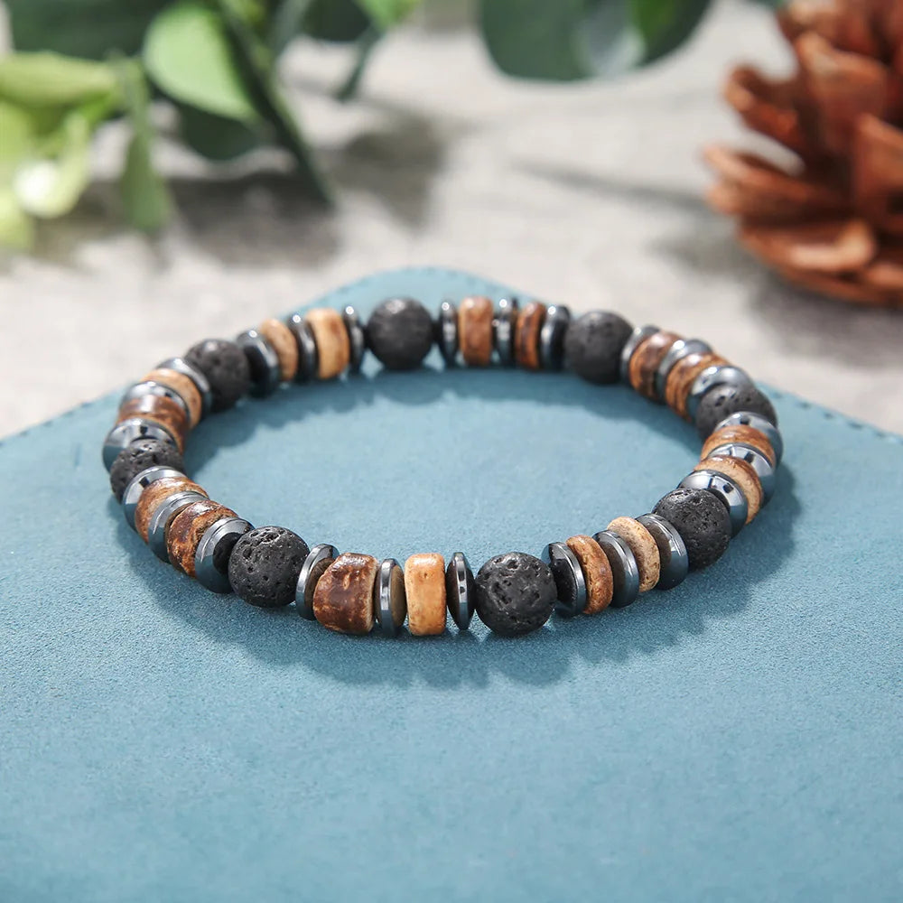 1PC Pulseras Hombre Vintage Tribal Holz Perlen Mann Armbänder Pulseiras Masculina Lava Stein Perlen Männliche Armbänder Homme