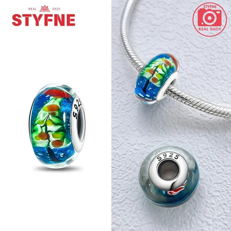 Echtes Sterlingsilber 925, Blumen-Charms, Glas, neue Original-Perle, bunt, Murano, passend für Original-Armbänder, DIY für Frauen, Schmuck, Geschenke