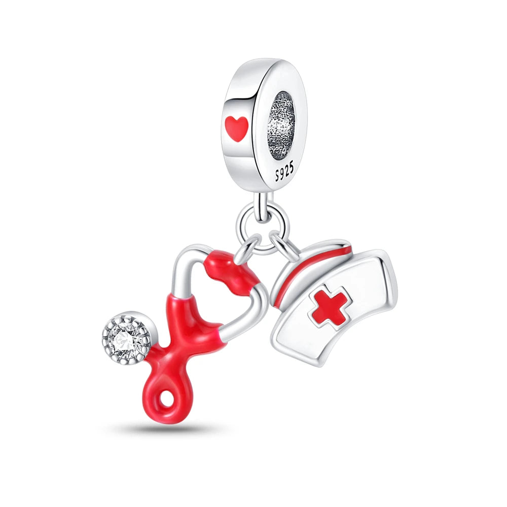 Klassische Krankenwagenperlen und Pillen-Stethoskop-Medizinbox aus 925er-Sterlingsilber, baumelnder Charm, passend für Armbänder, Krankenschwester-Tag-Anhänger, Geschenke