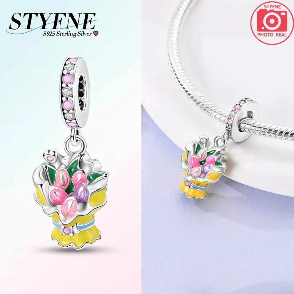 Romantische elegante Blumen-Charms aus 925er Silber, Sonnenblume, Tulpe, Rose, Nelke, Anhänger, passend für Original-Armbänder, DIY-Herstellung von Schmuck, Geschenken