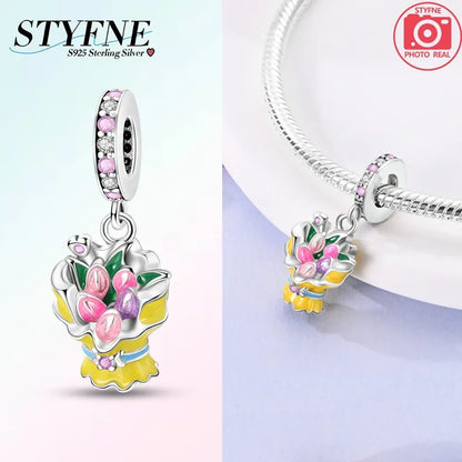 Romantische elegante Blumen-Charms aus 925er Silber, Sonnenblume, Tulpe, Rose, Nelke, Anhänger, passend für Original-Armbänder, DIY-Herstellung von Schmuck, Geschenken