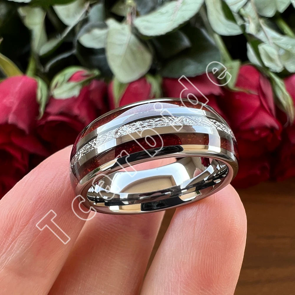 Dropshipping 8MM Männer Frauen Schöne Hochzeit Band Wolfram Rot Opal Ring mit Helle Meteorit Inlay Gewölbt Poliert Komfort Fit
