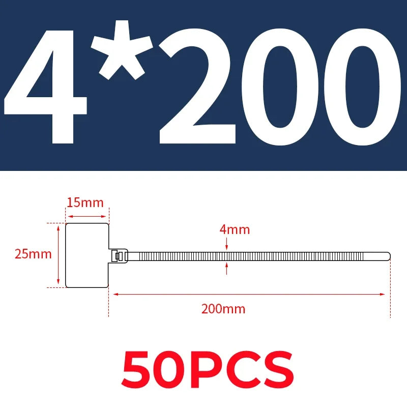 50 Stück weiße Nylon-Kabelbinder 3x100mm 4x150mm 4x200mm mit Etiketten, selbstsichernde Schlaufen, Kunststoff-Isolierung für Netzwerkkabel
