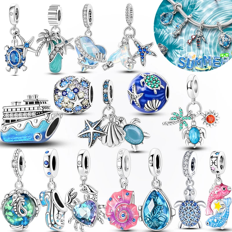 Neue Sommer 925 Sterling Silber Charms Perlen Anhänger Ozean Schildkröte Strand Obst Shell Blau Charme DIY Frauen Armband Schmuck Geschenk