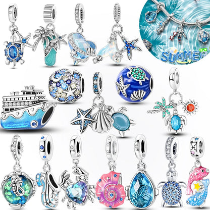 Neue Sommer 925 Sterling Silber Charms Perlen Anhänger Ozean Schildkröte Strand Obst Shell Blau Charme DIY Frauen Armband Schmuck Geschenk