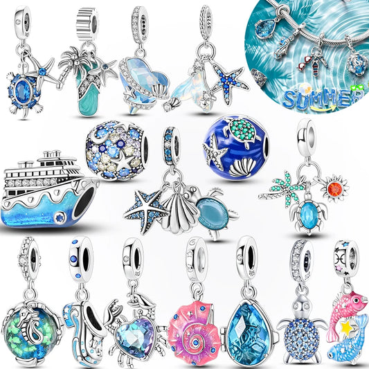 Neue Sommer 925 Sterling Silber Charms Perlen Anhänger Ozean Schildkröte Strand Obst Shell Blau Charme DIY Frauen Armband Schmuck Geschenk