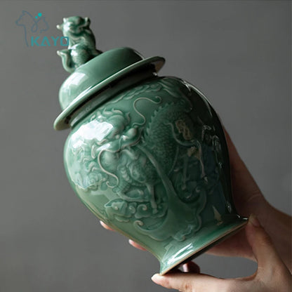 Large handmade pet urn, ceramic hand knife carving process urn for dogs, knife-engraved texture design, special craftsman