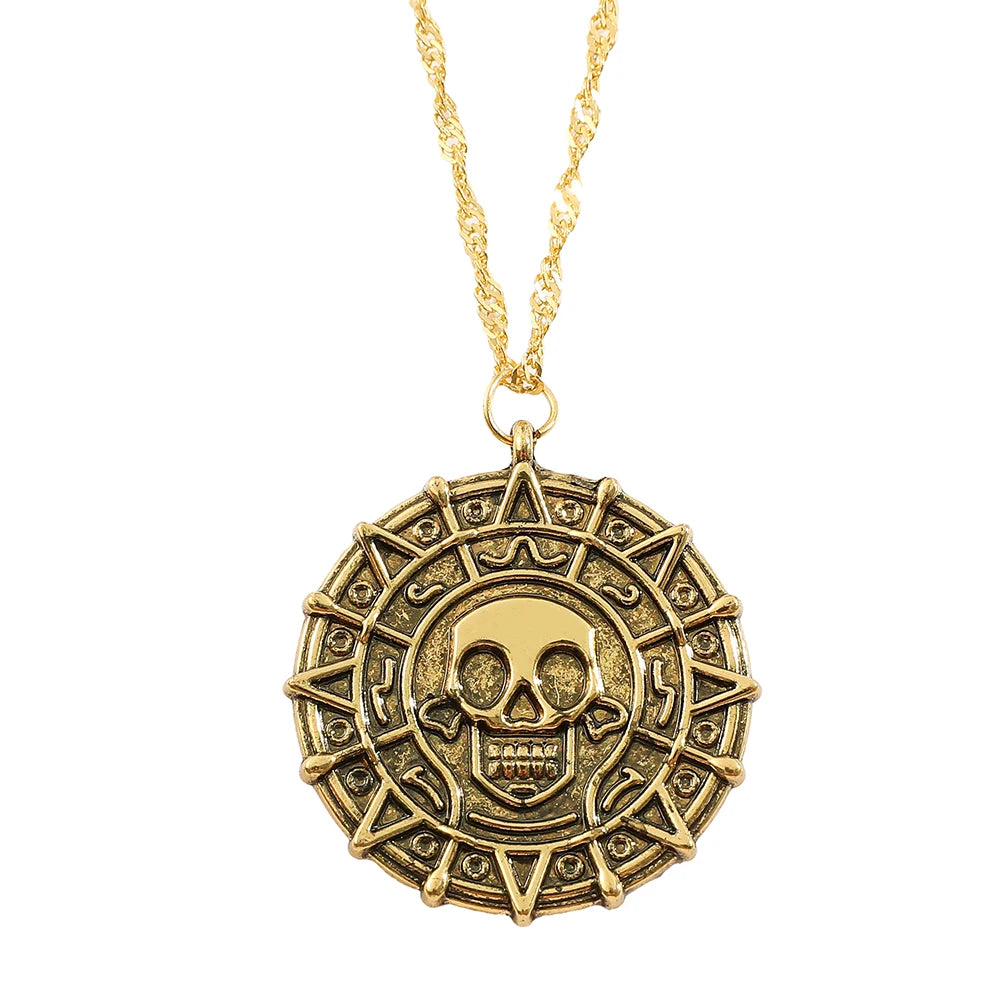 Fluch der Karibik Jack Sparrow Azteken Skelett Schädel Köpfe Münze Medaillon Anhänger Vintage Schmuck Halskette für Großhandel