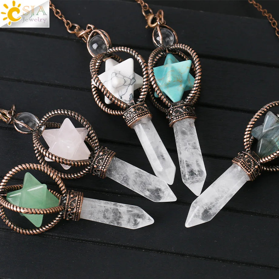 CSJA Esoterik Kristallpendel für Wünschelpen, Weissagung, Pendel, Merkaba, Naturstein-Anhänger, klarer Quarz, rote Bronze, G930