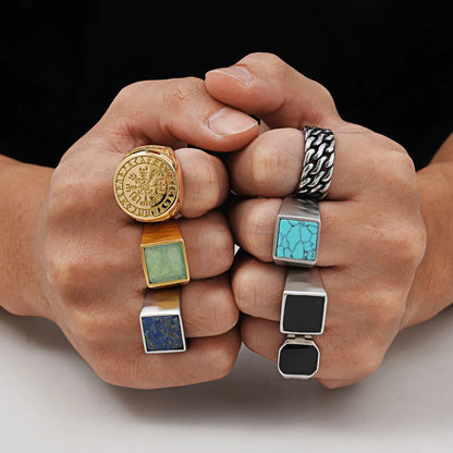 Coole Punk-Vintage-Natursteinringe für Männer, geometrische Siegelringe aus Edelstahl, stilvoller Retro-Ethno-Fingerschmuck als Geschenk