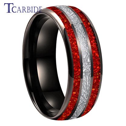 Dropshipping 8MM Männer Frauen Schöne Hochzeit Band Wolfram Rot Opal Ring mit Helle Meteorit Inlay Gewölbt Poliert Komfort Fit