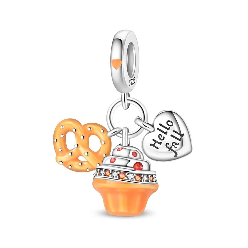 Kürbishaus-Perlen und Kuchen-Donut-Herzform aus 925er-Sterlingsilber, dreifach baumelnder Charm, passend für Armbänder, goldene orangefarbene Anhänger-Geschenke