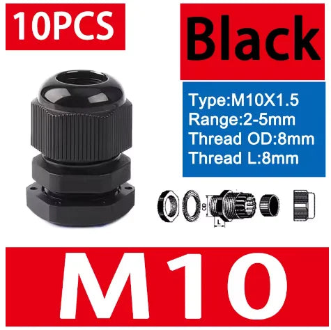 10 Stück wasserdichte Kabelverschraubungen M8-M40, schwarze Kunststoff-Dichtungsverbindungen, IP68, Nylon-Stecker, Gummi-Kabelverschraubung für verschiedene Größen