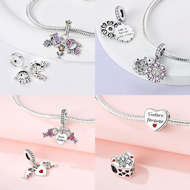 Sterling Silber S925 Schwestern auf der Schaukel Charms Herz Bead Fit Original Armband Armreif DIY Feines Geschenk Schmuck für Frauen