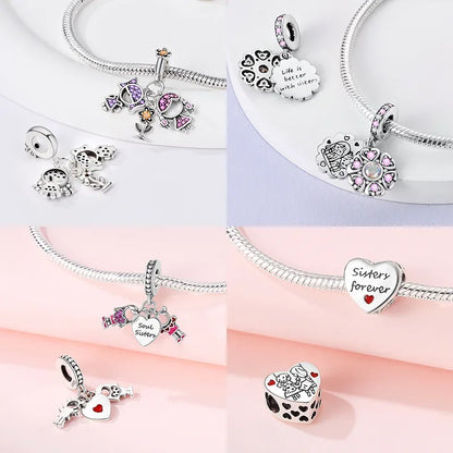 Sterling Silber S925 Schwestern auf der Schaukel Charms Herz Bead Fit Original Armband Armreif DIY Feines Geschenk Schmuck für Frauen