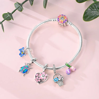 Bunter Schmetterlingsanhänger aus 925er-Sterlingsilber mit Blumen, Perlen, Käfer und Marienkäfer, passend für Armbänder, exquisite Anhänger-Geschenke