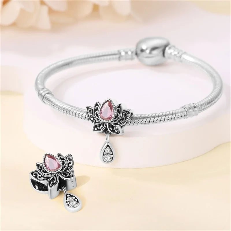 Lotus-Charm-Anhänger aus 925er-Sterlingsilber mit Zirkonia, passend für DIY-Armband-Halskette, Geschenk für Sie, Colgante Plata