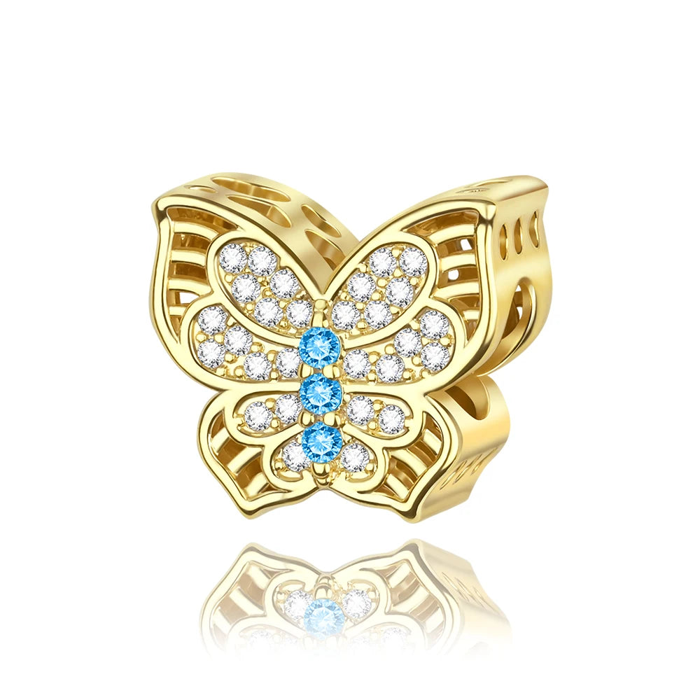 Exquisiter 925er-Sterlingsilber-Charm mit funkelndem Edelstein, Schlüssel, Blume, Schmetterling, passend für DIY-Armbänder, Halsketten, edler Schmuck, Geschenke