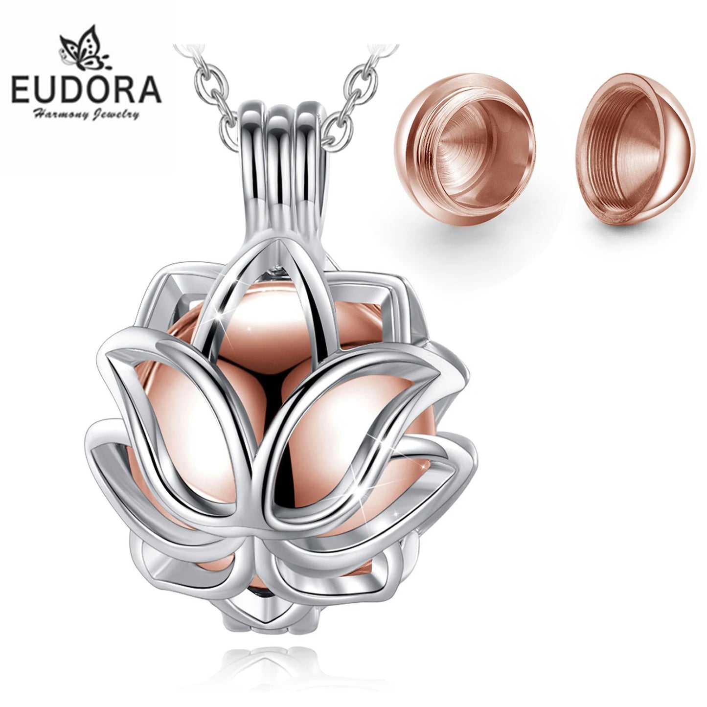 EUDORA Urnen-Anhänger, 14 mm, Lotusblüten-Käfig, Medaillon, Aschebehälter, Andenkenkapsel, Halskette, Hohlkugel, DIY-Schmuck, k332n14
