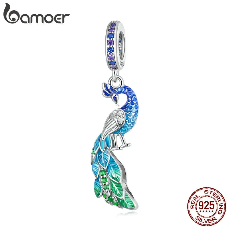 Bamoer 925 Sterling Silber Schrittweise Blau Pfau Hängen Perlen Zarte Tier Anhänger Charms für Frauen Geburtstag Geschenk BSC696