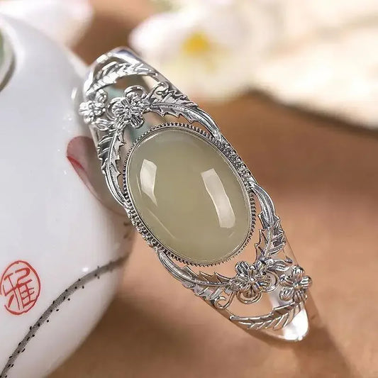 Vintage Silber eingelegte natürliche Hetian Jade Blume Hohl Armreifen für Frauen eleganten Ethno-Stil Hochzeit Verlobung Schmuck