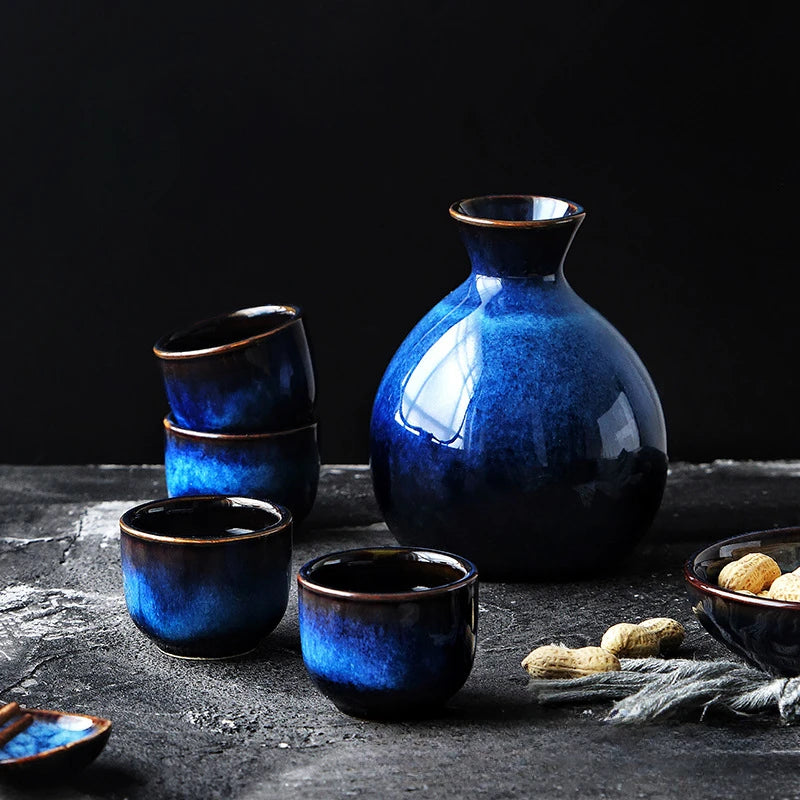 Japanisches Sake-Set aus Keramik, blauer Weinbecher, Topf, Geschirr, Retro-Heim-Shochu-Topf, 1 Topf, 4-Tassen-Set, Geschirr, Barzubehör