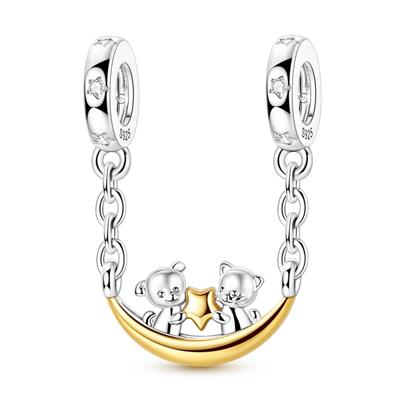 Original 925 Sterling Silber Goldene Haustiere Charms Perle Bunte Zirkonium Klee Engel Herz Baumeln Fit Armband DIY Schmuck Geschenk