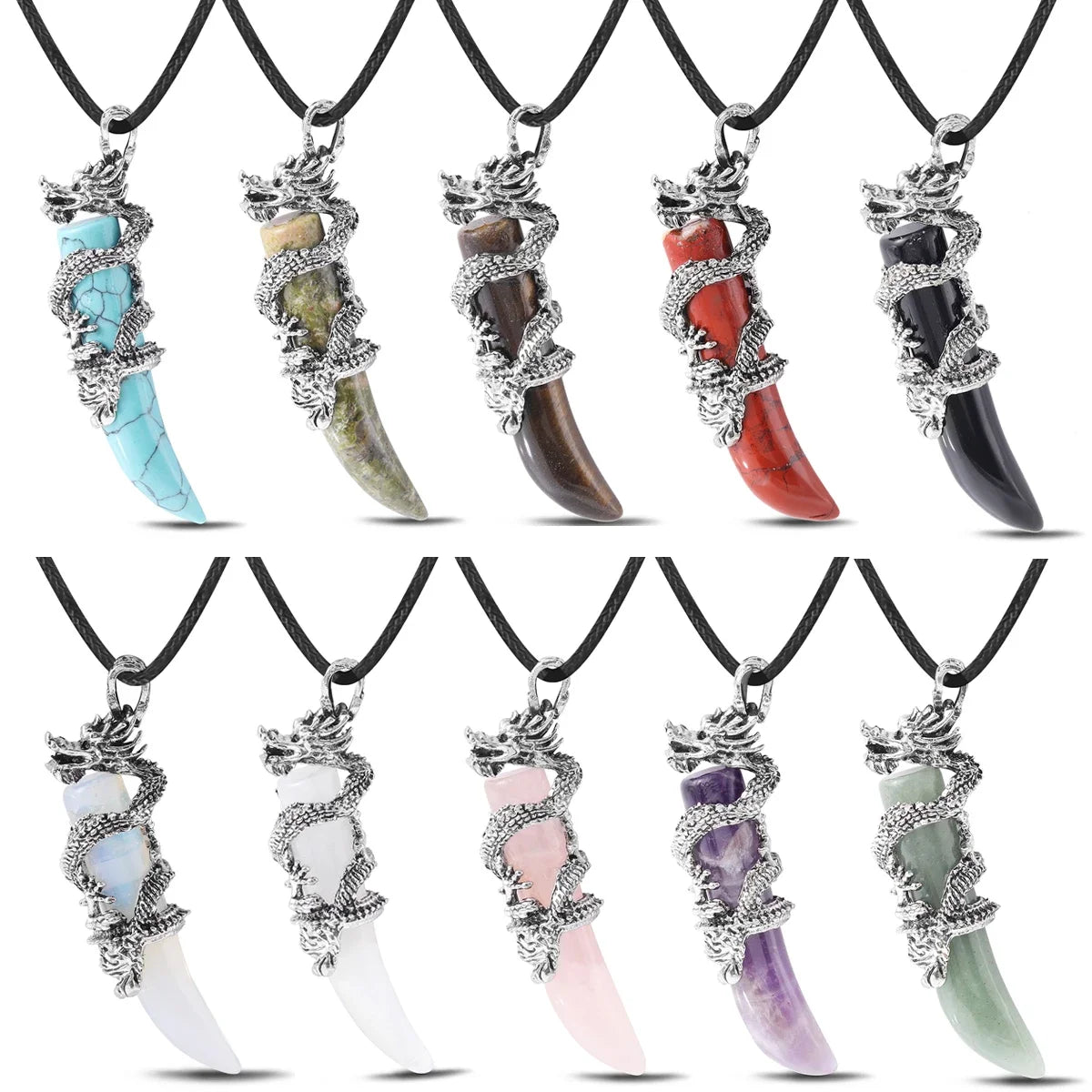 Vintage Herren Kristall-Halskette Drachen Naturstein Rosa Quarz Obsidian Amethyst Anhänger Edelstahl-Halsketten Amulett