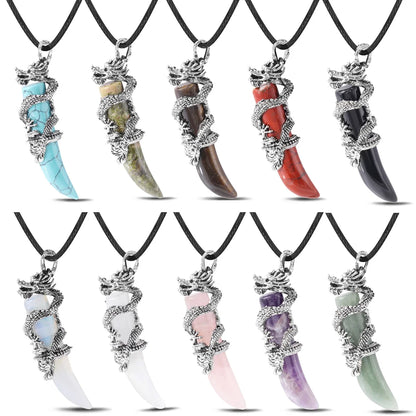 Vintage Herren Kristall-Halskette Drachen Naturstein Rosa Quarz Obsidian Amethyst Anhänger Edelstahl-Halsketten Amulett