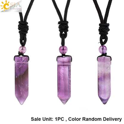 CSJA Sechseckige Naturstein-Anhänger-Kristall-Halskette für Damen und Herren, Amethyst, Tigerauge, schwarzer Obsidian, verstellbare Seilkette H477