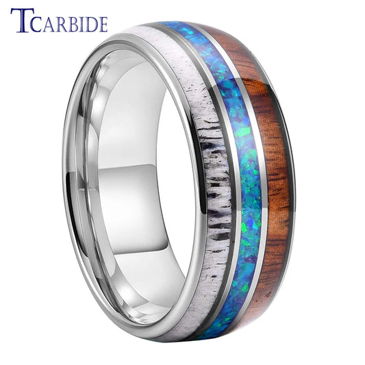 Dropshipping 8mm Männer Frauen Wolfram Ehering Dome Band Mit Hirschgeweih Blau Opal Und Holz Inlay Comfort Fit