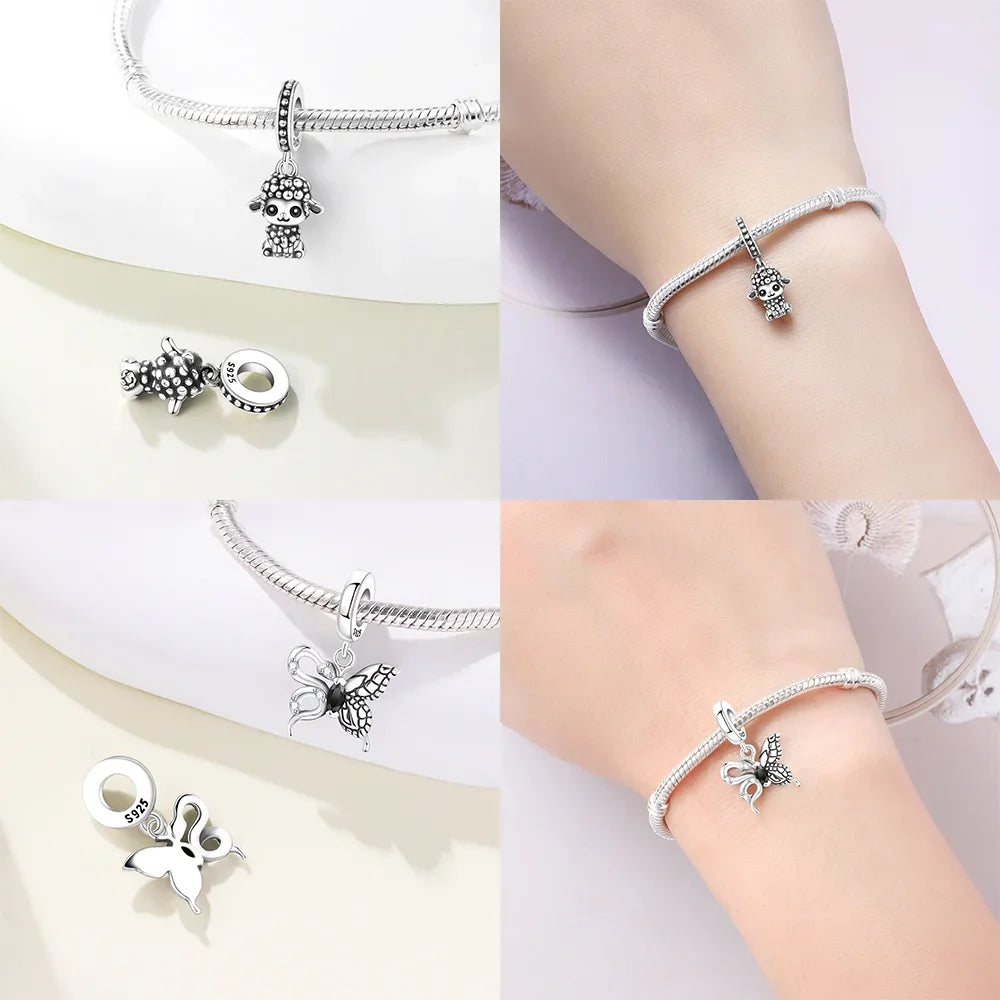 Schwarze Charms aus 925er Silber, Schmetterling, Panda, Waschbär, Kalb, Lammperlen, Anhänger, passend für DIY-Original-Armband, Halskette, Modeschmuck, Geschenk