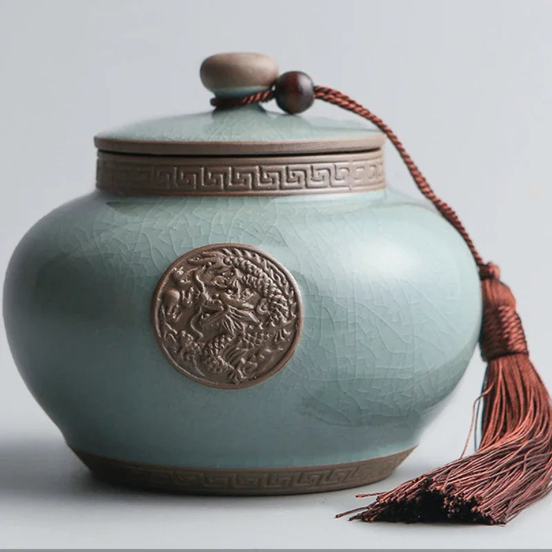 Hand-carved lotus celadon ash pet urn, dog and cat cremation urns, ceramic urns, sealed jar, funeral memorial art, large size