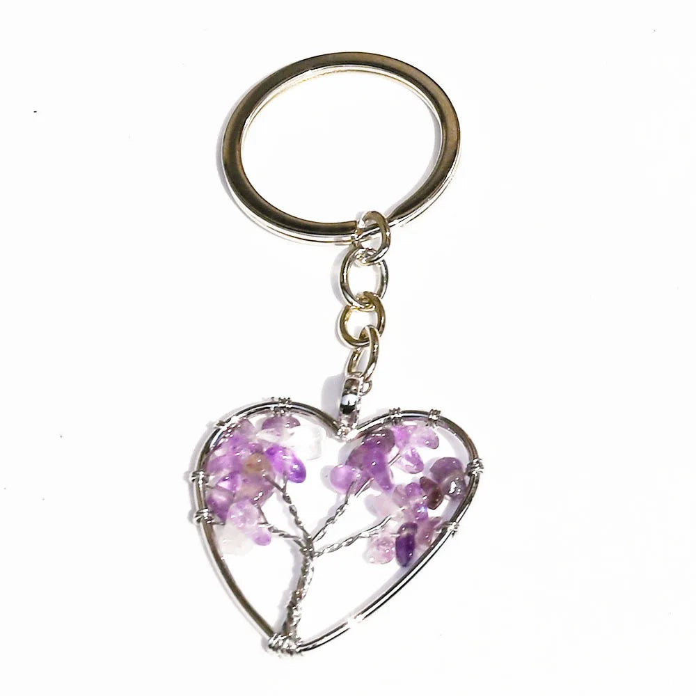 10 stücke Frauen natürlichen Chip Quarz Stein Perle 30mm Herz runden Baum des Lebens Schlüssel anhänger Lanyard Großhandel Schlüssel ringe