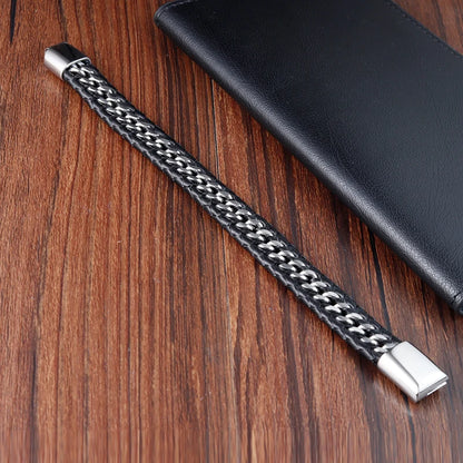 Geflochtenes Seil gewebtes schwarzes Leder Herrenarmbänder Punk-Stil Edelstahl-Armreif für Freund Charm Modeschmuck Geschenke