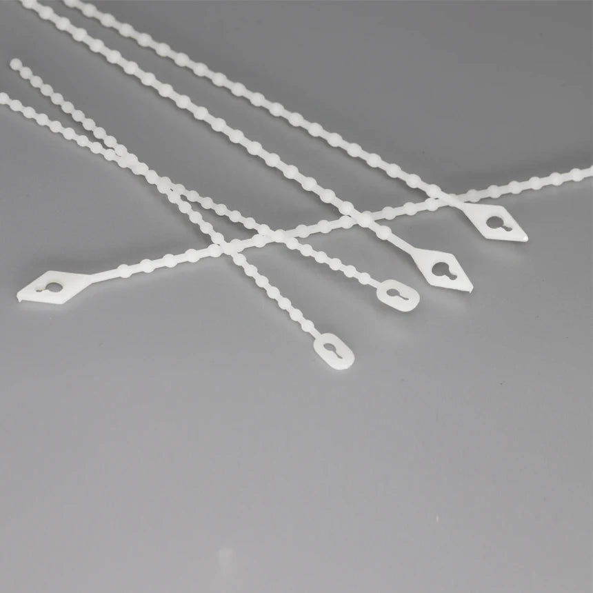 100 Stück 1,5 x 100 mm, 2,5 x 150/180 mm, weißer Nylon-Kunststoff, wiederverwendbar, lösbar, Drahtverschluss, Schleife, Perlenknoten, Kugel, Kabelbinder