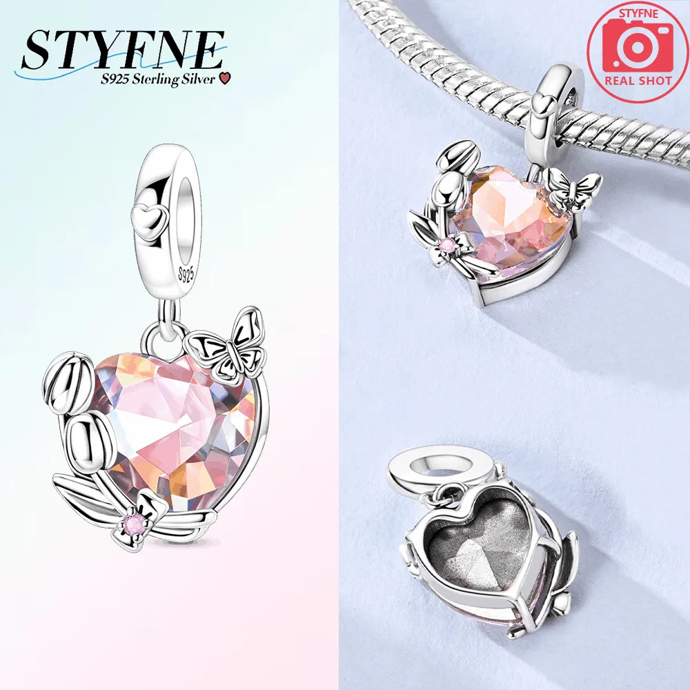 Charms aus 925er Silber, Blumenserie, lila Iris, Lilie, rosa Lilie, Perlen-Anhänger, passend für Original-Armbänder, Modeschmuck, DIY-Frauen-Geschenke