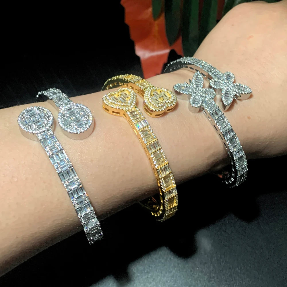 Neue Iced Out Bling Schmetterling Herz Armband Silber Farbe CZ Zirkon Oval Charme Geöffnet Armreif Für Männer Frauen Hiphop Luxus schmuck