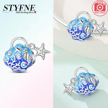Charms aus 925er-Sterlingsilber, Perlen-Anhänger, Muschel, Delfin, Hippocampus, blauer Charm für Damen, Armband, Schmuck, Geschenk