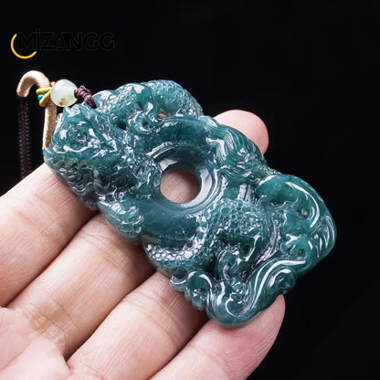 Natürlicher Jadeit, blaues Wasser, neun Drachen, Wächter-Anhänger, exquisite Eistyp-Jadeit-Halskette, festliches Geschenk für Männer und Frauen