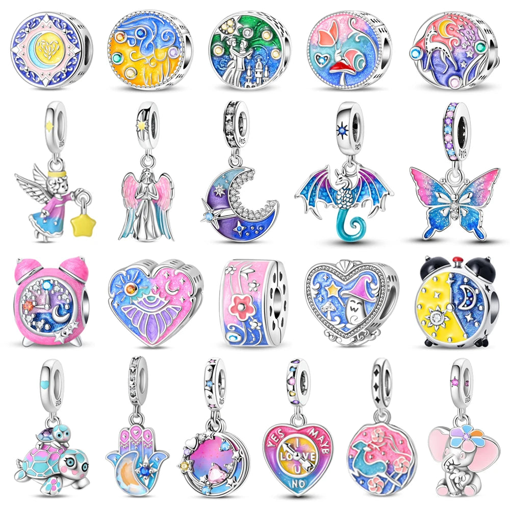 Bunte 925er-Sterlingsilber-Anhänger mit Sternenhimmel-Ölgemälde und leuchtenden Engeln, passend für Armbänder, schöne Schmuckgeschenke
