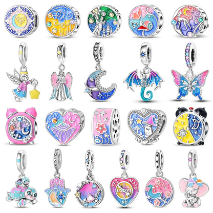 Bunte 925er-Sterlingsilber-Anhänger mit Sternenhimmel-Ölgemälde und leuchtenden Engeln, passend für Armbänder, schöne Schmuckgeschenke