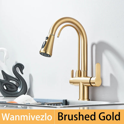 Küchenarmatur mit reinem Wasser, Deckmontage, Doppelgriff-Wasserhahn, Reinigung, Küchenspüle, Wasserhahn, 2, drehbarer Auslauf, Wassermischbatterie