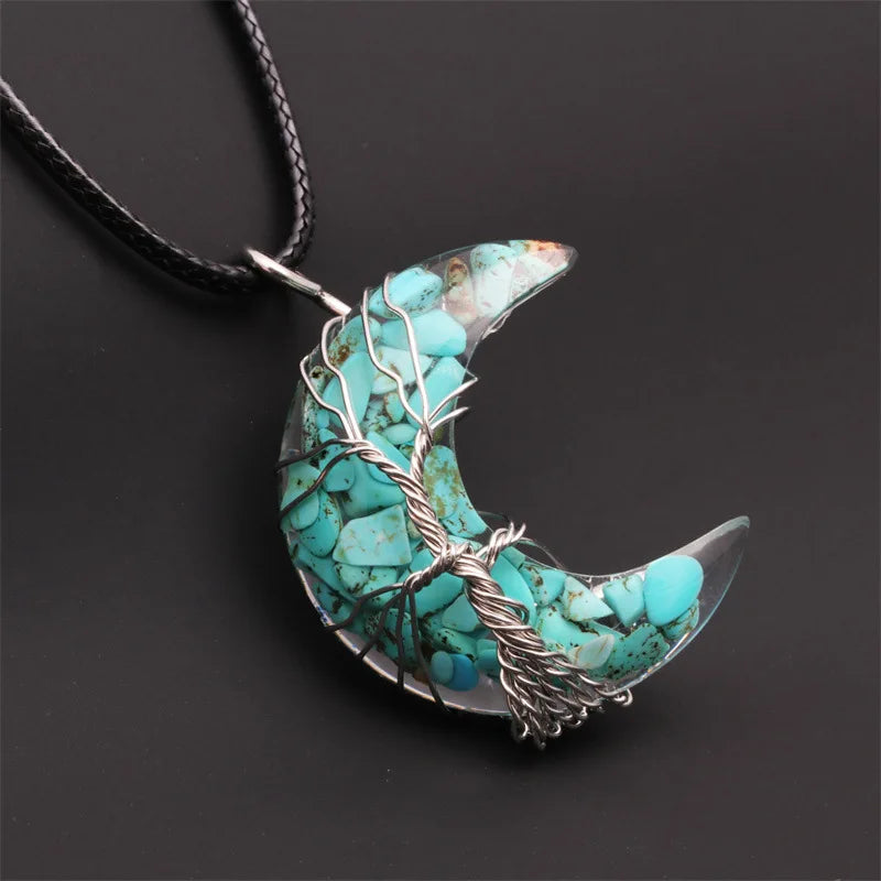 Natürliche Kristall Mond Anhänger Halskette Baum des Lebens Amethyst Reiki poliert Mineral Schmuck Heilstein für Männer Frauen Schmuck