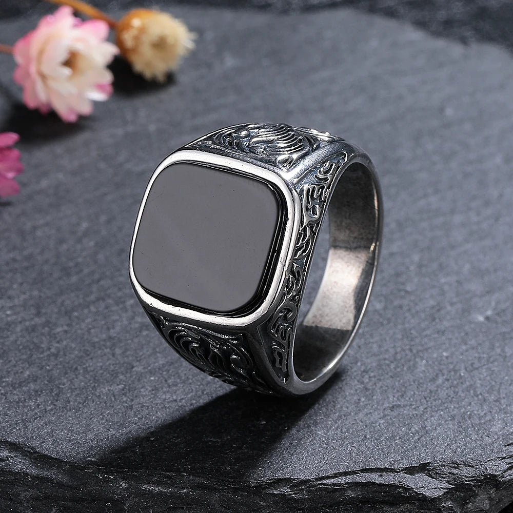 S925 Silver Jewelry Ring Natural 12*14mm Big Black Agate Stone Vintage Ring For Women Party Gifts