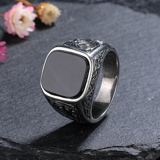 S925 Silber Schmuck Ring Natürliche 12*14mm Großen Schwarzen Achat Stein Vintage Ring Für Frauen Party Geschenke